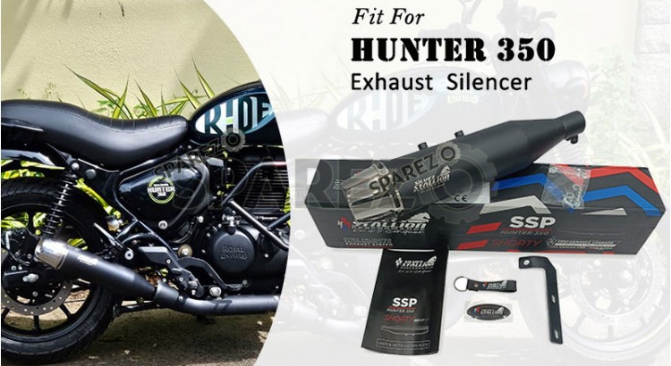 For Royal Enfield Hunter 350 Silver Stallion Exhaust Silencer Black and Silver - SPAREZO